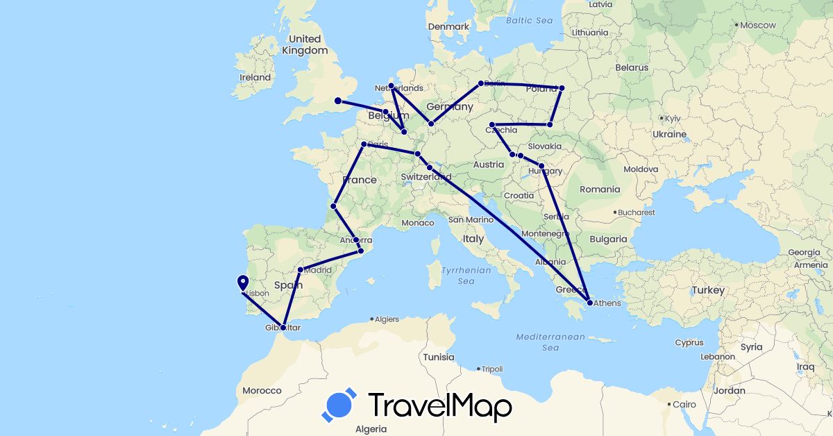 TravelMap itinerary: driving in Andorra, Austria, Belgium, Switzerland, Czech Republic, Germany, Spain, France, United Kingdom, Gibraltar, Greece, Hungary, Luxembourg, Netherlands, Poland, Portugal, Slovakia (Europe)